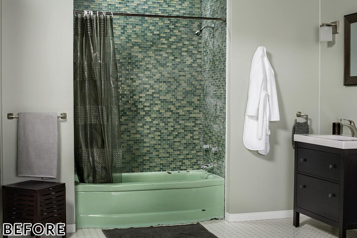 Before: Green Bathroom With Rusted Tub and Old Tile